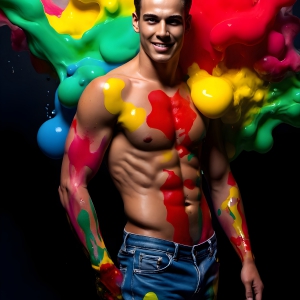 Paint Splat Fun - AI Photos of Hot men having fun with body paint. AI-generated abstract art featuring beautiful, handsome, sexy, shirtless, men, boys, lads, full of excitement joy and fun, covered in body paint, dynamic, interactive, Combining elements of realism with surreal abstract qualities, showcasing the potential of AI, in artistic expression. Photos of guys, just smiling, happy, and having a good time. Most of them are smiling because a paint bomb just blow up next to them, so I'm calling is Abstract Art. When paint attacks and makes people happy, it's Art!