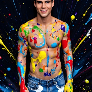 Paint Splat Fun - AI Photos of Hot men having fun with body paint. AI-generated abstract art featuring beautiful, handsome, sexy, shirtless, men, boys, lads, full of excitement joy and fun, covered in body paint, dynamic, interactive, Combining elements of realism with surreal abstract qualities, showcasing the potential of AI, in artistic expression. Photos of guys, just smiling, happy, and having a good time. Most of them are smiling because a paint bomb just blow up next to them, so I'm calling is Abstract Art. When paint attacks and makes people happy, it's Art!