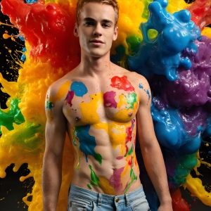 Paint Splat Fun - AI Photos of Hot men having fun with body paint. AI-generated abstract art featuring beautiful, handsome, sexy, shirtless, men, boys, lads, full of excitement joy and fun, covered in body paint, dynamic, interactive, Combining elements of realism with surreal abstract qualities, showcasing the potential of AI, in artistic expression. Photos of guys, just smiling, happy, and having a good time. Most of them are smiling because a paint bomb just blow up next to them, so I'm calling is Abstract Art. When paint attacks and makes people happy, it's Art!