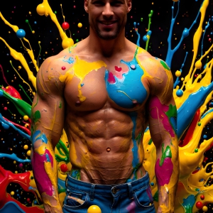 Paint Splat Fun - AI Photos of Hot men having fun with body paint. AI-generated abstract art featuring beautiful, handsome, sexy, shirtless, men, boys, lads, full of excitement joy and fun, covered in body paint, dynamic, interactive, Combining elements of realism with surreal abstract qualities, showcasing the potential of AI, in artistic expression. Photos of guys, just smiling, happy, and having a good time. Most of them are smiling because a paint bomb just blow up next to them, so I'm calling is Abstract Art. When paint attacks and makes people happy, it's Art!
