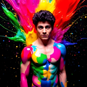 Paint Splat Fun - AI Photos of Hot men having fun with body paint. AI-generated abstract art featuring beautiful, handsome, sexy, shirtless, men, boys, lads, full of excitement joy and fun, covered in body paint, dynamic, interactive, Combining elements of realism with surreal abstract qualities, showcasing the potential of AI, in artistic expression. Photos of guys, just smiling, happy, and having a good time. Most of them are smiling because a paint bomb just blow up next to them, so I'm calling is Abstract Art. When paint attacks and makes people happy, it's Art!