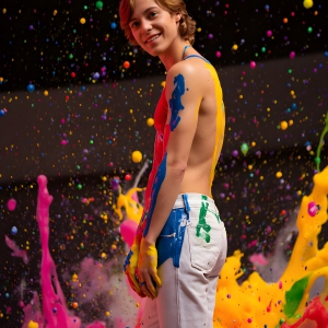 Paint Splat Fun - AI Photos of Hot men having fun with body paint. AI-generated abstract art featuring beautiful, handsome, sexy, shirtless, men, boys, lads, full of excitement joy and fun, covered in body paint, dynamic, interactive, Combining elements of realism with surreal abstract qualities, showcasing the potential of AI, in artistic expression. Photos of guys, just smiling, happy, and having a good time. Most of them are smiling because a paint bomb just blow up next to them, so I'm calling is Abstract Art. When paint attacks and makes people happy, it's Art!