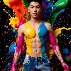 Paint Splat Fun - AI Photos of Hot men having fun with body paint. AI-generated abstract art featuring beautiful, handsome, sexy, shirtless, men, boys, lads, full of excitement joy and fun, covered in body paint, dynamic, interactive, Combining elements of realism with surreal abstract qualities, showcasing the potential of AI, in artistic expression. Photos of guys, just smiling, happy, and having a good time. Most of them are smiling because a paint bomb just blow up next to them, so I'm calling is Abstract Art. When paint attacks and makes people happy, it's Art!