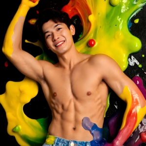 Paint Splat Fun - AI Photos of Hot men having fun with body paint. AI-generated abstract art featuring beautiful, handsome, sexy, shirtless, men, boys, lads, full of excitement joy and fun, covered in body paint, dynamic, interactive, Combining elements of realism with surreal abstract qualities, showcasing the potential of AI, in artistic expression. Photos of guys, just smiling, happy, and having a good time. Most of them are smiling because a paint bomb just blow up next to them, so I'm calling is Abstract Art. When paint attacks and makes people happy, it's Art!
