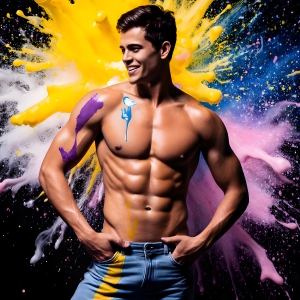 Paint Splat Fun - AI Photos of Hot men having fun with body paint. AI-generated abstract art featuring beautiful, handsome, sexy, shirtless, men, boys, lads, full of excitement joy and fun, covered in body paint, dynamic, interactive, Combining elements of realism with surreal abstract qualities, showcasing the potential of AI, in artistic expression. Photos of guys, just smiling, happy, and having a good time. Most of them are smiling because a paint bomb just blow up next to them, so I'm calling is Abstract Art. When paint attacks and makes people happy, it's Art!