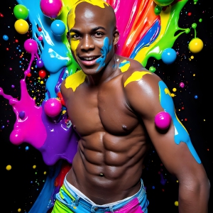 Paint Splat Fun - AI Photos of Hot men having fun with body paint. AI-generated abstract art featuring beautiful, handsome, sexy, shirtless, men, boys, lads, full of excitement joy and fun, covered in body paint, dynamic, interactive, Combining elements of realism with surreal abstract qualities, showcasing the potential of AI, in artistic expression. Photos of guys, just smiling, happy, and having a good time. Most of them are smiling because a paint bomb just blow up next to them, so I'm calling is Abstract Art. When paint attacks and makes people happy, it's Art!
