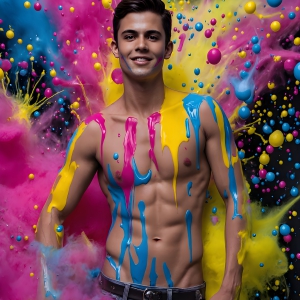 Paint Splat Fun - AI Photos of Hot men having fun with body paint. AI-generated abstract art featuring beautiful, handsome, sexy, shirtless, men, boys, lads, full of excitement joy and fun, covered in body paint, dynamic, interactive, Combining elements of realism with surreal abstract qualities, showcasing the potential of AI, in artistic expression. Photos of guys, just smiling, happy, and having a good time. Most of them are smiling because a paint bomb just blow up next to them, so I'm calling is Abstract Art. When paint attacks and makes people happy, it's Art!