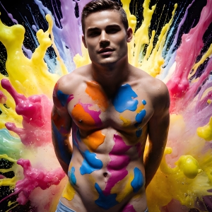 Paint Splat Fun - AI Photos of Hot men having fun with body paint. AI-generated abstract art featuring beautiful, handsome, sexy, shirtless, men, boys, lads, full of excitement joy and fun, covered in body paint, dynamic, interactive, Combining elements of realism with surreal abstract qualities, showcasing the potential of AI, in artistic expression. Photos of guys, just smiling, happy, and having a good time. Most of them are smiling because a paint bomb just blow up next to them, so I'm calling is Abstract Art. When paint attacks and makes people happy, it's Art!