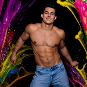 Paint Splat Fun - AI Photos of Hot men having fun with body paint. AI-generated abstract art featuring beautiful, handsome, sexy, shirtless, men, boys, lads, full of excitement joy and fun, covered in body paint, dynamic, interactive, Combining elements of realism with surreal abstract qualities, showcasing the potential of AI, in artistic expression. Photos of guys, just smiling, happy, and having a good time. Most of them are smiling because a paint bomb just blow up next to them, so I'm calling is Abstract Art. When paint attacks and makes people happy, it's Art!