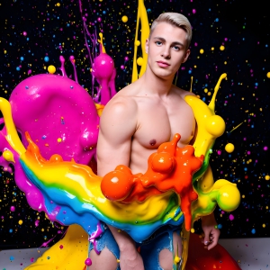 Paint Splat Fun - AI Photos of Hot men having fun with body paint. AI-generated abstract art featuring beautiful, handsome, sexy, shirtless, men, boys, lads, full of excitement joy and fun, covered in body paint, dynamic, interactive, Combining elements of realism with surreal abstract qualities, showcasing the potential of AI, in artistic expression. Photos of guys, just smiling, happy, and having a good time. Most of them are smiling because a paint bomb just blow up next to them, so I'm calling is Abstract Art. When paint attacks and makes people happy, it's Art!