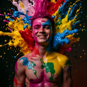 Paint Splat Fun - AI Photos of Hot men having fun with body paint. AI-generated abstract art featuring beautiful, handsome, sexy, shirtless, men, boys, lads, full of excitement joy and fun, covered in body paint, dynamic, interactive, Combining elements of realism with surreal abstract qualities, showcasing the potential of AI, in artistic expression. Photos of guys, just smiling, happy, and having a good time. Most of them are smiling because a paint bomb just blow up next to them, so I'm calling is Abstract Art. When paint attacks and makes people happy, it's Art!