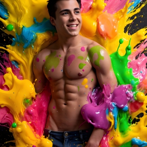 Paint Splat Fun - AI Photos of Hot men having fun with body paint. AI-generated abstract art featuring beautiful, handsome, sexy, shirtless, men, boys, lads, full of excitement joy and fun, covered in body paint, dynamic, interactive, Combining elements of realism with surreal abstract qualities, showcasing the potential of AI, in artistic expression. Photos of guys, just smiling, happy, and having a good time. Most of them are smiling because a paint bomb just blow up next to them, so I'm calling is Abstract Art. When paint attacks and makes people happy, it's Art!