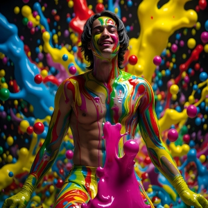 Paint Splat Fun - AI Photos of Hot men having fun with body paint. AI-generated abstract art featuring beautiful, handsome, sexy, shirtless, men, boys, lads, full of excitement joy and fun, covered in body paint, dynamic, interactive, Combining elements of realism with surreal abstract qualities, showcasing the potential of AI, in artistic expression. Photos of guys, just smiling, happy, and having a good time. Most of them are smiling because a paint bomb just blow up next to them, so I'm calling is Abstract Art. When paint attacks and makes people happy, it's Art!