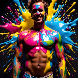 Paint Splat Fun - AI Photos of Hot men having fun with body paint. AI-generated abstract art featuring beautiful, handsome, sexy, shirtless, men, boys, lads, full of excitement joy and fun, covered in body paint, dynamic, interactive, Combining elements of realism with surreal abstract qualities, showcasing the potential of AI, in artistic expression. Photos of guys, just smiling, happy, and having a good time. Most of them are smiling because a paint bomb just blow up next to them, so I'm calling is Abstract Art. When paint attacks and makes people happy, it's Art!