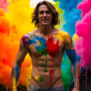Paint Splat Fun - AI Photos of Hot men having fun with body paint. AI-generated abstract art featuring beautiful, handsome, sexy, shirtless, men, boys, lads, full of excitement joy and fun, covered in body paint, dynamic, interactive, Combining elements of realism with surreal abstract qualities, showcasing the potential of AI, in artistic expression. Photos of guys, just smiling, happy, and having a good time. Most of them are smiling because a paint bomb just blow up next to them, so I'm calling is Abstract Art. When paint attacks and makes people happy, it's Art!