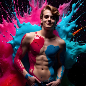 Paint Splat Fun - AI Photos of Hot men having fun with body paint. AI-generated abstract art featuring beautiful, handsome, sexy, shirtless, men, boys, lads, full of excitement joy and fun, covered in body paint, dynamic, interactive, Combining elements of realism with surreal abstract qualities, showcasing the potential of AI, in artistic expression. Photos of guys, just smiling, happy, and having a good time. Most of them are smiling because a paint bomb just blow up next to them, so I'm calling is Abstract Art. When paint attacks and makes people happy, it's Art!