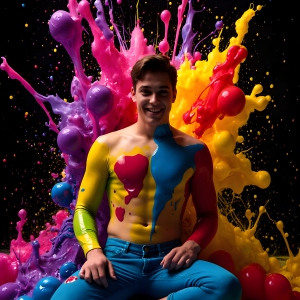 Paint Splat Fun - AI Photos of Hot men having fun with body paint. AI-generated abstract art featuring beautiful, handsome, sexy, shirtless, men, boys, lads, full of excitement joy and fun, covered in body paint, dynamic, interactive, Combining elements of realism with surreal abstract qualities, showcasing the potential of AI, in artistic expression. Photos of guys, just smiling, happy, and having a good time. Most of them are smiling because a paint bomb just blow up next to them, so I'm calling is Abstract Art. When paint attacks and makes people happy, it's Art!