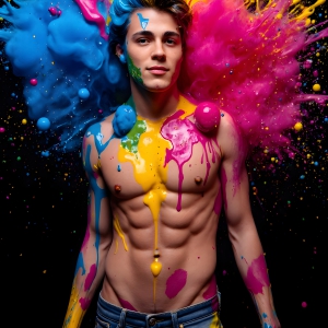 Paint Splat Fun - AI Photos of Hot men having fun with body paint. AI-generated abstract art featuring beautiful, handsome, sexy, shirtless, men, boys, lads, full of excitement joy and fun, covered in body paint, dynamic, interactive, Combining elements of realism with surreal abstract qualities, showcasing the potential of AI, in artistic expression. Photos of guys, just smiling, happy, and having a good time. Most of them are smiling because a paint bomb just blow up next to them, so I'm calling is Abstract Art. When paint attacks and makes people happy, it's Art!