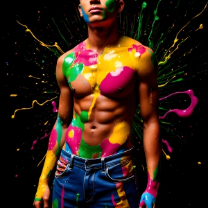 Paint Splat Fun - AI Photos of Hot men having fun with body paint. AI-generated abstract art featuring beautiful, handsome, sexy, shirtless, men, boys, lads, full of excitement joy and fun, covered in body paint, dynamic, interactive, Combining elements of realism with surreal abstract qualities, showcasing the potential of AI, in artistic expression. Photos of guys, just smiling, happy, and having a good time. Most of them are smiling because a paint bomb just blow up next to them, so I'm calling is Abstract Art. When paint attacks and makes people happy, it's Art!