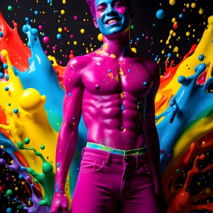 Paint Splat Fun - AI Photos of Hot men having fun with body paint. AI-generated abstract art featuring beautiful, handsome, sexy, shirtless, men, boys, lads, full of excitement joy and fun, covered in body paint, dynamic, interactive, Combining elements of realism with surreal abstract qualities, showcasing the potential of AI, in artistic expression. Photos of guys, just smiling, happy, and having a good time. Most of them are smiling because a paint bomb just blow up next to them, so I'm calling is Abstract Art. When paint attacks and makes people happy, it's Art!