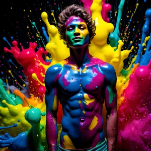 Paint Splat Fun - AI Photos of Hot men having fun with body paint. AI-generated abstract art featuring beautiful, handsome, sexy, shirtless, men, boys, lads, full of excitement joy and fun, covered in body paint, dynamic, interactive, Combining elements of realism with surreal abstract qualities, showcasing the potential of AI, in artistic expression. Photos of guys, just smiling, happy, and having a good time. Most of them are smiling because a paint bomb just blow up next to them, so I'm calling is Abstract Art. When paint attacks and makes people happy, it's Art!