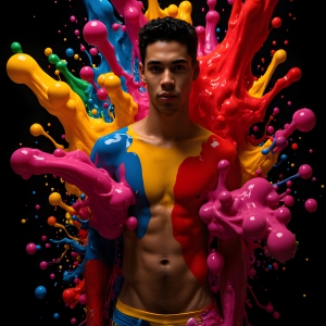 Paint Splat Fun - AI Photos of Hot men having fun with body paint. AI-generated abstract art featuring beautiful, handsome, sexy, shirtless, men, boys, lads, full of excitement joy and fun, covered in body paint, dynamic, interactive, Combining elements of realism with surreal abstract qualities, showcasing the potential of AI, in artistic expression. Photos of guys, just smiling, happy, and having a good time. Most of them are smiling because a paint bomb just blow up next to them, so I'm calling is Abstract Art. When paint attacks and makes people happy, it's Art!