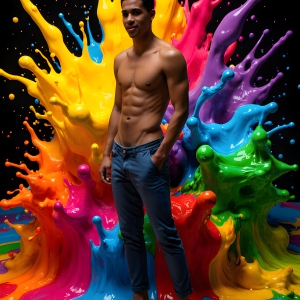 Paint Splat Fun - AI Photos of Hot men having fun with body paint. AI-generated abstract art featuring beautiful, handsome, sexy, shirtless, men, boys, lads, full of excitement joy and fun, covered in body paint, dynamic, interactive, Combining elements of realism with surreal abstract qualities, showcasing the potential of AI, in artistic expression. Photos of guys, just smiling, happy, and having a good time. Most of them are smiling because a paint bomb just blow up next to them, so I'm calling is Abstract Art. When paint attacks and makes people happy, it's Art!