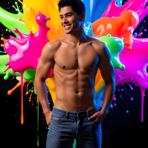 Paint Splat Fun - AI Photos of Hot men having fun with body paint. AI-generated abstract art featuring beautiful, handsome, sexy, shirtless, men, boys, lads, full of excitement joy and fun, covered in body paint, dynamic, interactive, Combining elements of realism with surreal abstract qualities, showcasing the potential of AI, in artistic expression. Photos of guys, just smiling, happy, and having a good time. Most of them are smiling because a paint bomb just blow up next to them, so I'm calling is Abstract Art. When paint attacks and makes people happy, it's Art!