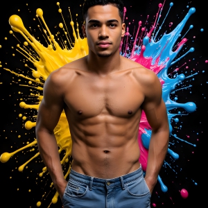 Paint Splat Fun - AI Photos of Hot men having fun with body paint. AI-generated abstract art featuring beautiful, handsome, sexy, shirtless, men, boys, lads, full of excitement joy and fun, covered in body paint, dynamic, interactive, Combining elements of realism with surreal abstract qualities, showcasing the potential of AI, in artistic expression. Photos of guys, just smiling, happy, and having a good time. Most of them are smiling because a paint bomb just blow up next to them, so I'm calling is Abstract Art. When paint attacks and makes people happy, it's Art!