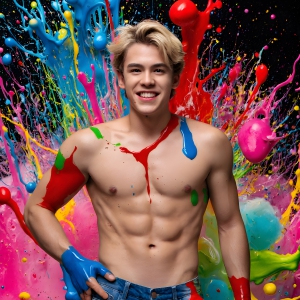 Paint Splat Fun - AI Photos of Hot men having fun with body paint. AI-generated abstract art featuring beautiful, handsome, sexy, shirtless, men, boys, lads, full of excitement joy and fun, covered in body paint, dynamic, interactive, Combining elements of realism with surreal abstract qualities, showcasing the potential of AI, in artistic expression. Photos of guys, just smiling, happy, and having a good time. Most of them are smiling because a paint bomb just blow up next to them, so I'm calling is Abstract Art. When paint attacks and makes people happy, it's Art!