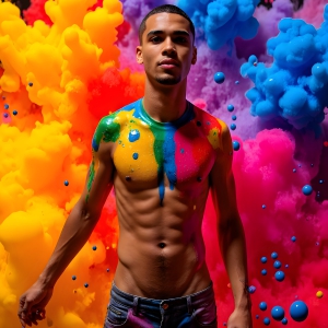Paint Splat Fun - AI Photos of Hot men having fun with body paint. AI-generated abstract art featuring beautiful, handsome, sexy, shirtless, men, boys, lads, full of excitement joy and fun, covered in body paint, dynamic, interactive, Combining elements of realism with surreal abstract qualities, showcasing the potential of AI, in artistic expression. Photos of guys, just smiling, happy, and having a good time. Most of them are smiling because a paint bomb just blow up next to them, so I'm calling is Abstract Art. When paint attacks and makes people happy, it's Art!