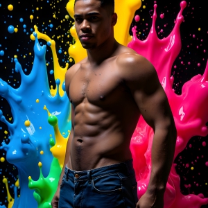 Paint Splat Fun - AI Photos of Hot men having fun with body paint. AI-generated abstract art featuring beautiful, handsome, sexy, shirtless, men, boys, lads, full of excitement joy and fun, covered in body paint, dynamic, interactive, Combining elements of realism with surreal abstract qualities, showcasing the potential of AI, in artistic expression. Photos of guys, just smiling, happy, and having a good time. Most of them are smiling because a paint bomb just blow up next to them, so I'm calling is Abstract Art. When paint attacks and makes people happy, it's Art!