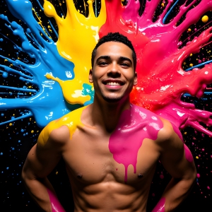 Paint Splat Fun - AI Photos of Hot men having fun with body paint. AI-generated abstract art featuring beautiful, handsome, sexy, shirtless, men, boys, lads, full of excitement joy and fun, covered in body paint, dynamic, interactive, Combining elements of realism with surreal abstract qualities, showcasing the potential of AI, in artistic expression. Photos of guys, just smiling, happy, and having a good time. Most of them are smiling because a paint bomb just blow up next to them, so I'm calling is Abstract Art. When paint attacks and makes people happy, it's Art!