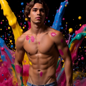 Paint Splat Fun - AI Photos of Hot men having fun with body paint. AI-generated abstract art featuring beautiful, handsome, sexy, shirtless, men, boys, lads, full of excitement joy and fun, covered in body paint, dynamic, interactive, Combining elements of realism with surreal abstract qualities, showcasing the potential of AI, in artistic expression. Photos of guys, just smiling, happy, and having a good time. Most of them are smiling because a paint bomb just blow up next to them, so I'm calling is Abstract Art. When paint attacks and makes people happy, it's Art!