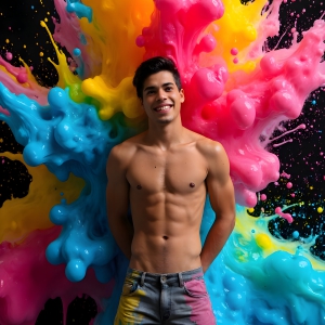 Paint Splat Fun - AI Photos of Hot men having fun with body paint. AI-generated abstract art featuring beautiful, handsome, sexy, shirtless, men, boys, lads, full of excitement joy and fun, covered in body paint, dynamic, interactive, Combining elements of realism with surreal abstract qualities, showcasing the potential of AI, in artistic expression. Photos of guys, just smiling, happy, and having a good time. Most of them are smiling because a paint bomb just blow up next to them, so I'm calling is Abstract Art. When paint attacks and makes people happy, it's Art!