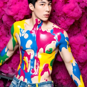 Paint Splat Fun - AI Photos of Hot men having fun with body paint. AI-generated abstract art featuring beautiful, handsome, sexy, shirtless, men, boys, lads, full of excitement joy and fun, covered in body paint, dynamic, interactive, Combining elements of realism with surreal abstract qualities, showcasing the potential of AI, in artistic expression. Photos of guys, just smiling, happy, and having a good time. Most of them are smiling because a paint bomb just blow up next to them, so I'm calling is Abstract Art. When paint attacks and makes people happy, it's Art!