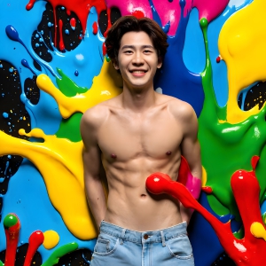 Paint Splat Fun - AI Photos of Hot men having fun with body paint. AI-generated abstract art featuring beautiful, handsome, sexy, shirtless, men, boys, lads, full of excitement joy and fun, covered in body paint, dynamic, interactive, Combining elements of realism with surreal abstract qualities, showcasing the potential of AI, in artistic expression. Photos of guys, just smiling, happy, and having a good time. Most of them are smiling because a paint bomb just blow up next to them, so I'm calling is Abstract Art. When paint attacks and makes people happy, it's Art!