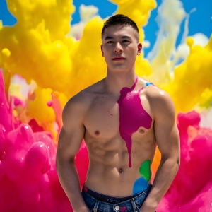 Paint Splat Fun - AI Photos of Hot men having fun with body paint. AI-generated abstract art featuring beautiful, handsome, sexy, shirtless, men, boys, lads, full of excitement joy and fun, covered in body paint, dynamic, interactive, Combining elements of realism with surreal abstract qualities, showcasing the potential of AI, in artistic expression. Photos of guys, just smiling, happy, and having a good time. Most of them are smiling because a paint bomb just blow up next to them, so I'm calling is Abstract Art. When paint attacks and makes people happy, it's Art!