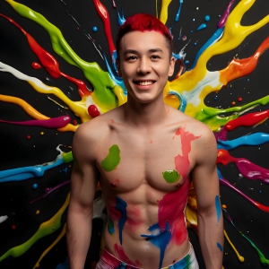 Paint Splat Fun - AI Photos of Hot men having fun with body paint. AI-generated abstract art featuring beautiful, handsome, sexy, shirtless, men, boys, lads, full of excitement joy and fun, covered in body paint, dynamic, interactive, Combining elements of realism with surreal abstract qualities, showcasing the potential of AI, in artistic expression. Photos of guys, just smiling, happy, and having a good time. Most of them are smiling because a paint bomb just blow up next to them, so I'm calling is Abstract Art. When paint attacks and makes people happy, it's Art!