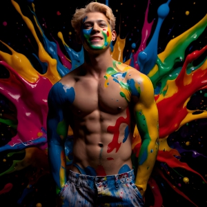 Paint Splat Fun - AI Photos of Hot men having fun with body paint. AI-generated abstract art featuring beautiful, handsome, sexy, shirtless, men, boys, lads, full of excitement joy and fun, covered in body paint, dynamic, interactive, Combining elements of realism with surreal abstract qualities, showcasing the potential of AI, in artistic expression. Photos of guys, just smiling, happy, and having a good time. Most of them are smiling because a paint bomb just blow up next to them, so I'm calling is Abstract Art. When paint attacks and makes people happy, it's Art!