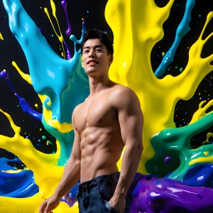 Paint Splat Fun - AI Photos of Hot men having fun with body paint. AI-generated abstract art featuring beautiful, handsome, sexy, shirtless, men, boys, lads, full of excitement joy and fun, covered in body paint, dynamic, interactive, Combining elements of realism with surreal abstract qualities, showcasing the potential of AI, in artistic expression. Photos of guys, just smiling, happy, and having a good time. Most of them are smiling because a paint bomb just blow up next to them, so I'm calling is Abstract Art. When paint attacks and makes people happy, it's Art!