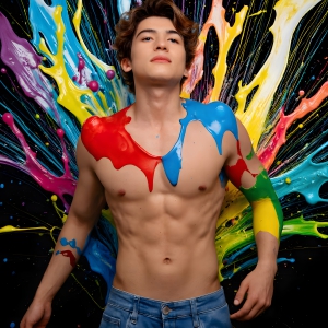 Paint Splat Fun - AI Photos of Hot men having fun with body paint. AI-generated abstract art featuring beautiful, handsome, sexy, shirtless, men, boys, lads, full of excitement joy and fun, covered in body paint, dynamic, interactive, Combining elements of realism with surreal abstract qualities, showcasing the potential of AI, in artistic expression. Photos of guys, just smiling, happy, and having a good time. Most of them are smiling because a paint bomb just blow up next to them, so I'm calling is Abstract Art. When paint attacks and makes people happy, it's Art!