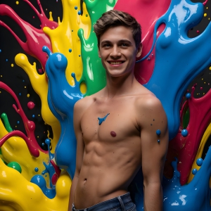 Paint Splat Fun - AI Photos of Hot men having fun with body paint. AI-generated abstract art featuring beautiful, handsome, sexy, shirtless, men, boys, lads, full of excitement joy and fun, covered in body paint, dynamic, interactive, Combining elements of realism with surreal abstract qualities, showcasing the potential of AI, in artistic expression. Photos of guys, just smiling, happy, and having a good time. Most of them are smiling because a paint bomb just blow up next to them, so I'm calling is Abstract Art. When paint attacks and makes people happy, it's Art!