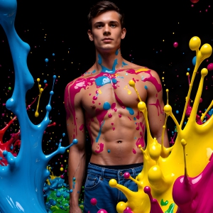 Paint Splat Fun - AI Photos of Hot men having fun with body paint. AI-generated abstract art featuring beautiful, handsome, sexy, shirtless, men, boys, lads, full of excitement joy and fun, covered in body paint, dynamic, interactive, Combining elements of realism with surreal abstract qualities, showcasing the potential of AI, in artistic expression. Photos of guys, just smiling, happy, and having a good time. Most of them are smiling because a paint bomb just blow up next to them, so I'm calling is Abstract Art. When paint attacks and makes people happy, it's Art!
