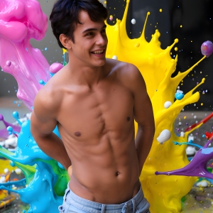 Paint Splat Fun - AI Photos of Hot men having fun with body paint. AI-generated abstract art featuring beautiful, handsome, sexy, shirtless, men, boys, lads, full of excitement joy and fun, covered in body paint, dynamic, interactive, Combining elements of realism with surreal abstract qualities, showcasing the potential of AI, in artistic expression. Photos of guys, just smiling, happy, and having a good time. Most of them are smiling because a paint bomb just blow up next to them, so I'm calling is Abstract Art. When paint attacks and makes people happy, it's Art!