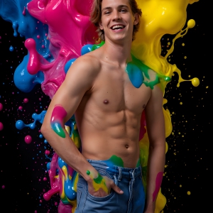 Paint Splat Fun - AI Photos of Hot men having fun with body paint. AI-generated abstract art featuring beautiful, handsome, sexy, shirtless, men, boys, lads, full of excitement joy and fun, covered in body paint, dynamic, interactive, Combining elements of realism with surreal abstract qualities, showcasing the potential of AI, in artistic expression. Photos of guys, just smiling, happy, and having a good time. Most of them are smiling because a paint bomb just blow up next to them, so I'm calling is Abstract Art. When paint attacks and makes people happy, it's Art!