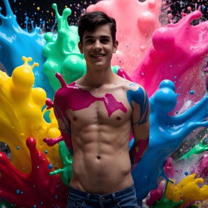 Paint Splat Fun - AI Photos of Hot men having fun with body paint. AI-generated abstract art featuring beautiful, handsome, sexy, shirtless, men, boys, lads, full of excitement joy and fun, covered in body paint, dynamic, interactive, Combining elements of realism with surreal abstract qualities, showcasing the potential of AI, in artistic expression. Photos of guys, just smiling, happy, and having a good time. Most of them are smiling because a paint bomb just blow up next to them, so I'm calling is Abstract Art. When paint attacks and makes people happy, it's Art!