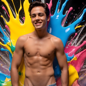 Paint Splat Fun - AI Photos of Hot men having fun with body paint. AI-generated abstract art featuring beautiful, handsome, sexy, shirtless, men, boys, lads, full of excitement joy and fun, covered in body paint, dynamic, interactive, Combining elements of realism with surreal abstract qualities, showcasing the potential of AI, in artistic expression. Photos of guys, just smiling, happy, and having a good time. Most of them are smiling because a paint bomb just blow up next to them, so I'm calling is Abstract Art. When paint attacks and makes people happy, it's Art!