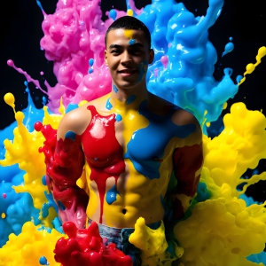 Paint Splat Fun - AI Photos of Hot men having fun with body paint. AI-generated abstract art featuring beautiful, handsome, sexy, shirtless, men, boys, lads, full of excitement joy and fun, covered in body paint, dynamic, interactive, Combining elements of realism with surreal abstract qualities, showcasing the potential of AI, in artistic expression. Photos of guys, just smiling, happy, and having a good time. Most of them are smiling because a paint bomb just blow up next to them, so I'm calling is Abstract Art. When paint attacks and makes people happy, it's Art!