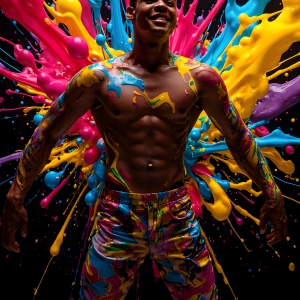 Paint Splat Fun - AI Photos of Hot men having fun with body paint. AI-generated abstract art featuring beautiful, handsome, sexy, shirtless, men, boys, lads, full of excitement joy and fun, covered in body paint, dynamic, interactive, Combining elements of realism with surreal abstract qualities, showcasing the potential of AI, in artistic expression. Photos of guys, just smiling, happy, and having a good time. Most of them are smiling because a paint bomb just blow up next to them, so I'm calling is Abstract Art. When paint attacks and makes people happy, it's Art!